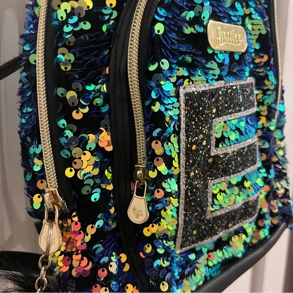 Justice Black and Multicolor Sequin Mini Backpack with Initial E - Picture 4 of 4